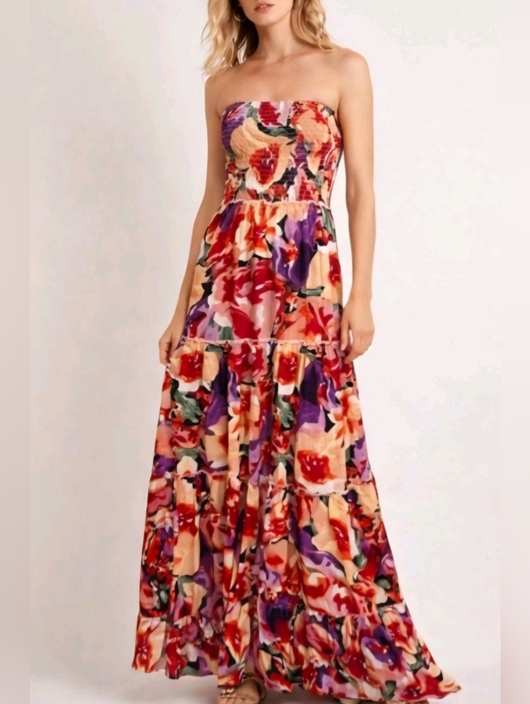 Abel The Label Floral Strapless Tiered Ruffled Maxi Dress- Multi Color